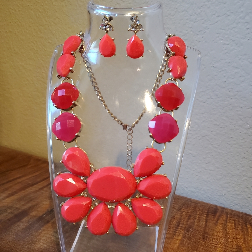 Orange & Pink Statement Necklace & Earrings Set